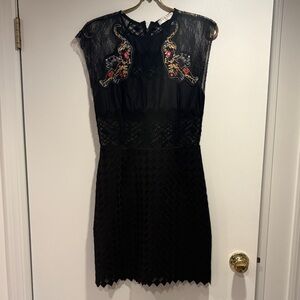 Sandro Black Lace Mini Dress with Embroidered Accents